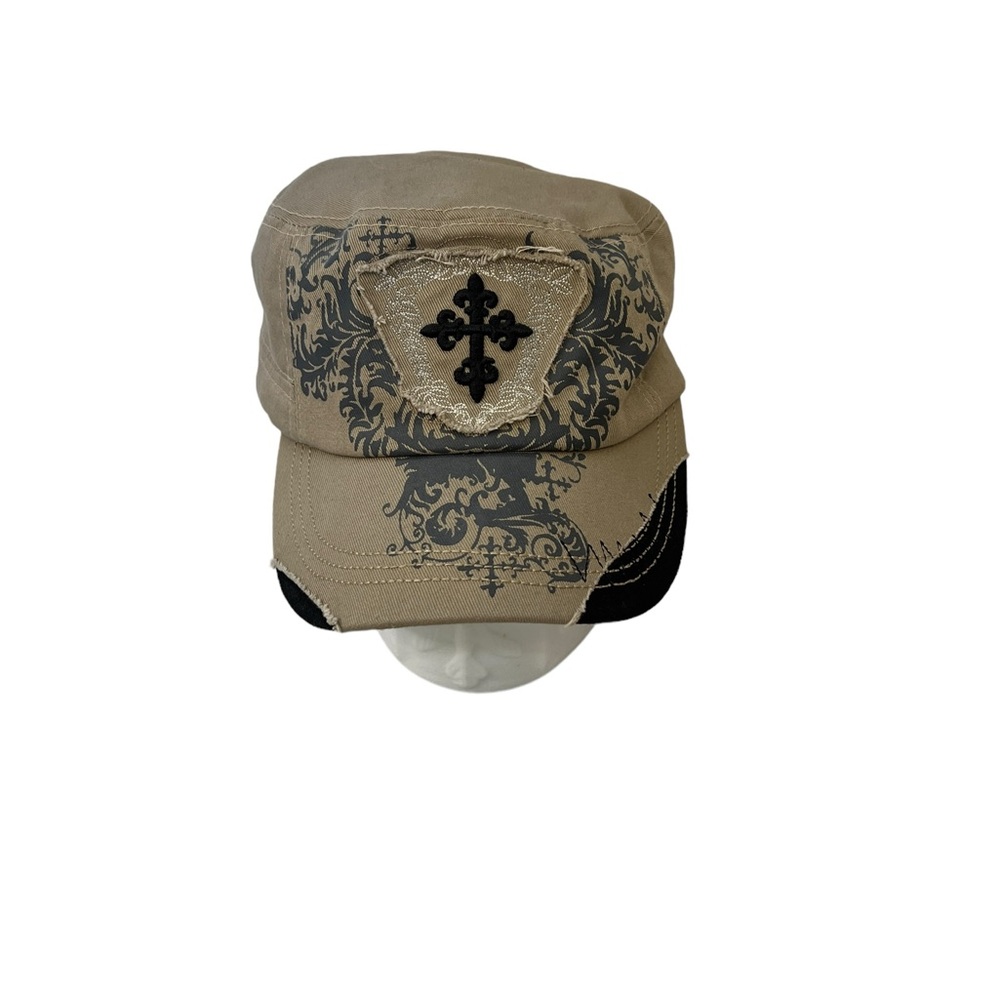 Relativity Original Hat Cap with Black Cross on Beige Distressed Baseball Cap